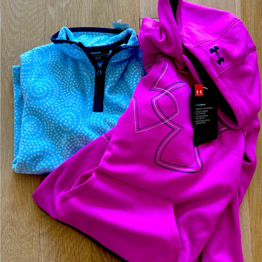 NWT Under Armour Lands End Girls Youth S/M Pink Hoodie & Blue Sweatshirt